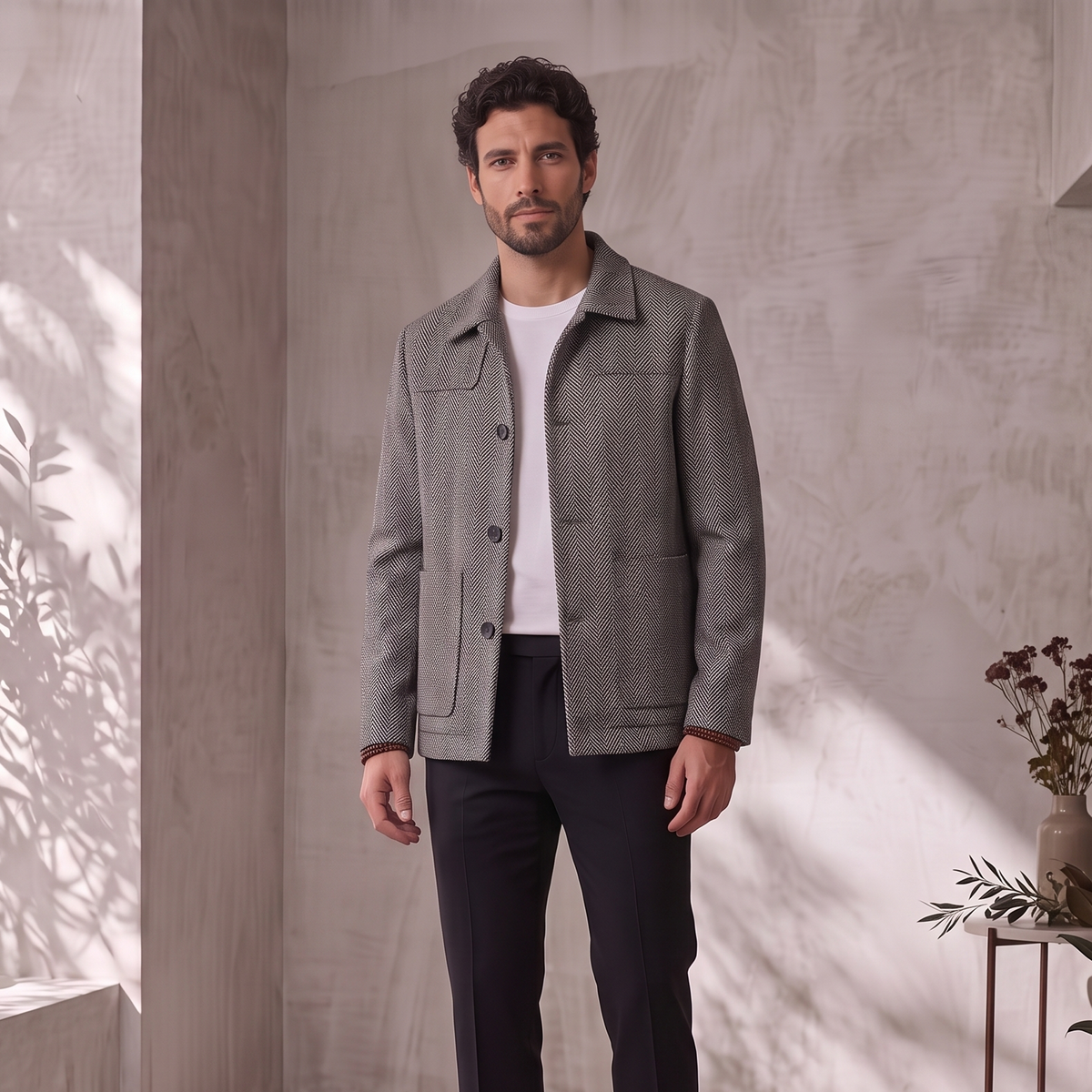 Men's woven jacket with patch pockets and button-front detail