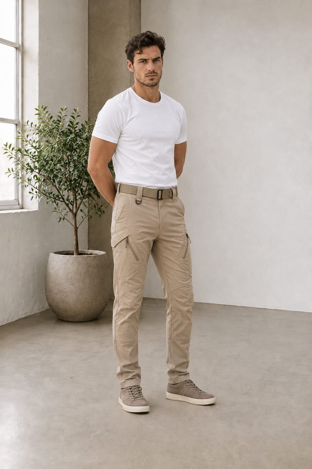 Men's straight-fit cargo pants with button and zipper closure and integrated adjustable waistband