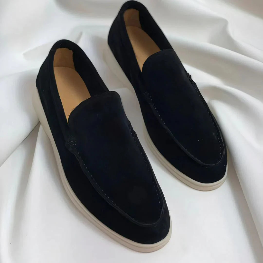 Men's slip-on loafers in suede-look material with low heel and round toe