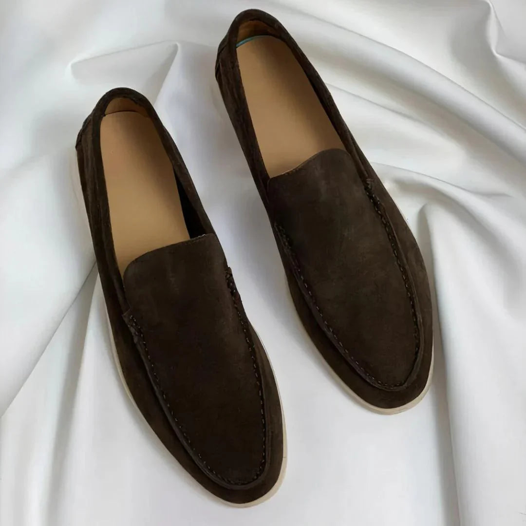 Men's suede-look slip-on loafers with flat sole and smooth structured upper