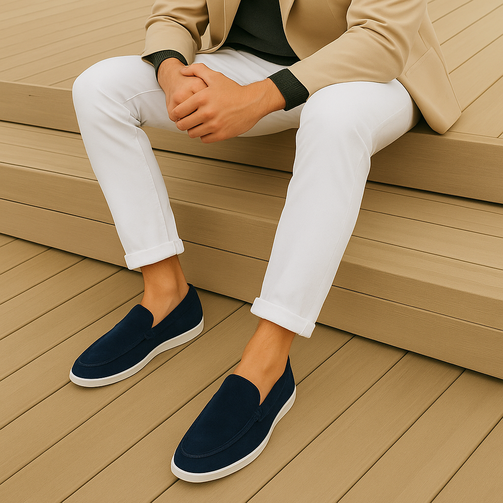 Men's slip-on loafers in suede-look finish with round toe and low flat sole