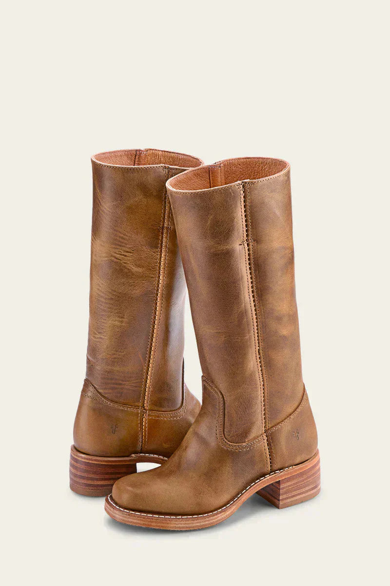 Women's knee-high faux leather boots back view with reinforced seam detail