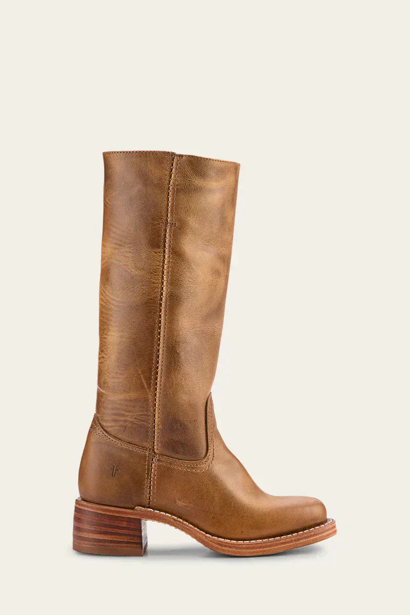 Women's pull-on tall boots with low stacked heel, three-quarter angle view