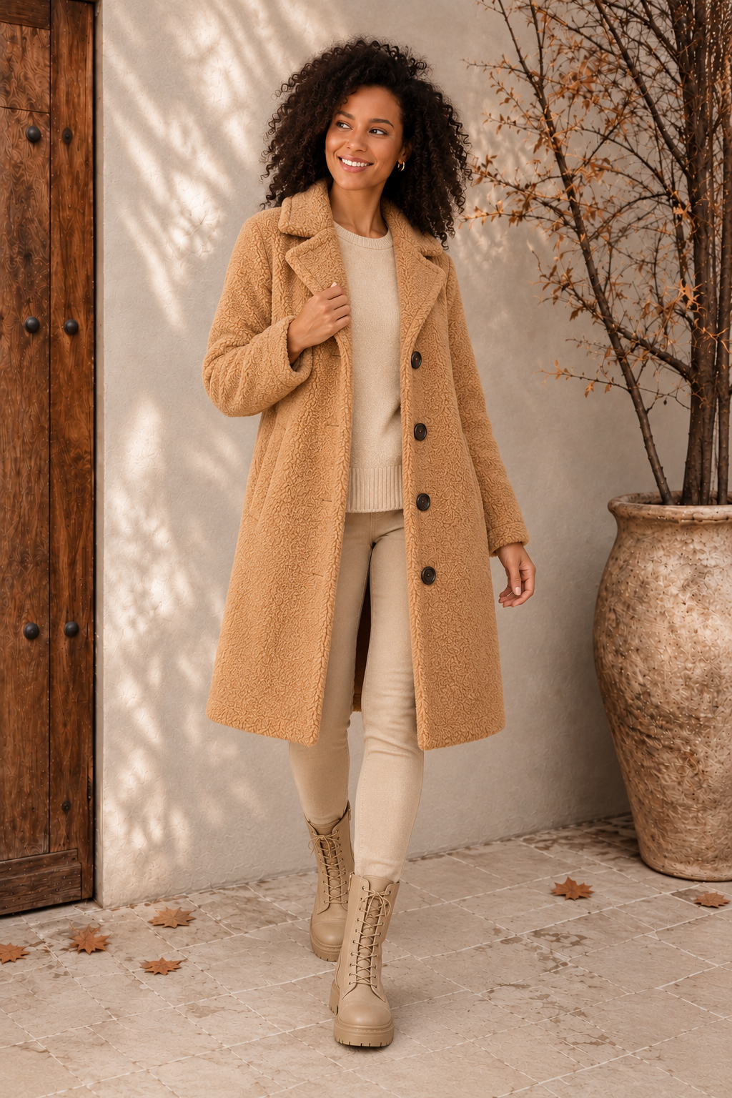 Women's beige teddy long coat with button front and side pockets