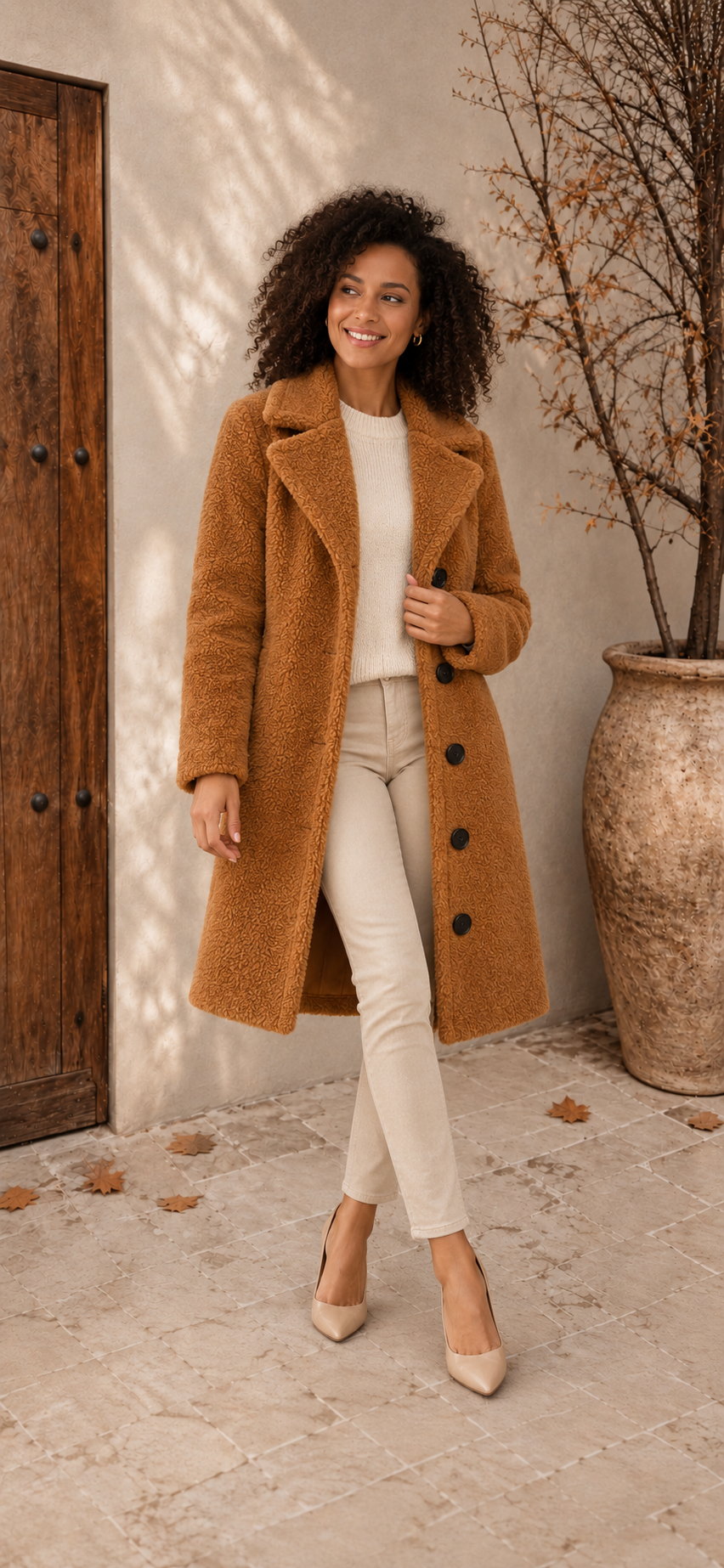 Women's camel teddy long coat with relaxed fit and lapel collar