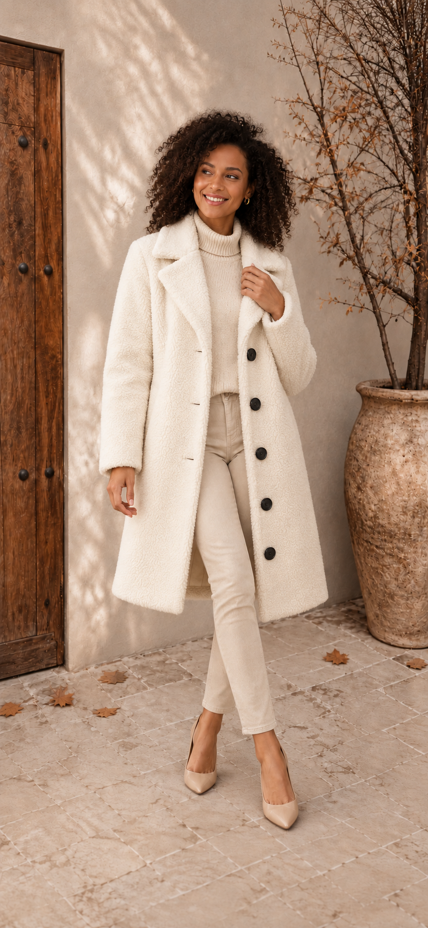 Women's white teddy long coat with button closure and long silhouette