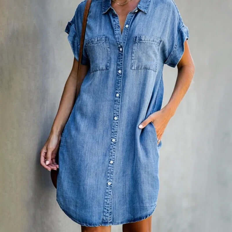 Robe chemise en denim à manches courtes, coupe droite, pour femme