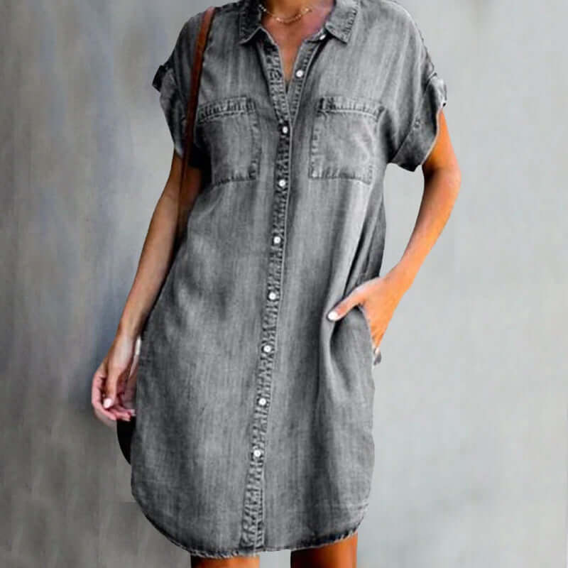 Robe en jean à manches courtes, col chemise, coupe décontractée femme