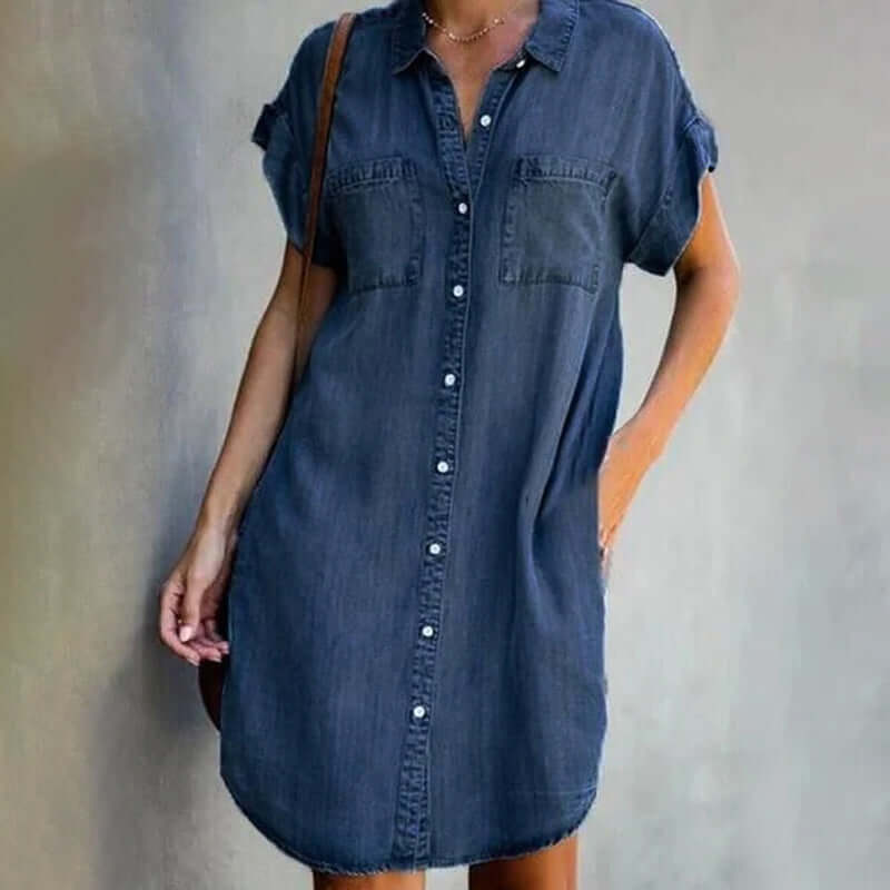 Robe chemise en denim légère, manches courtes, silhouette droite femme
