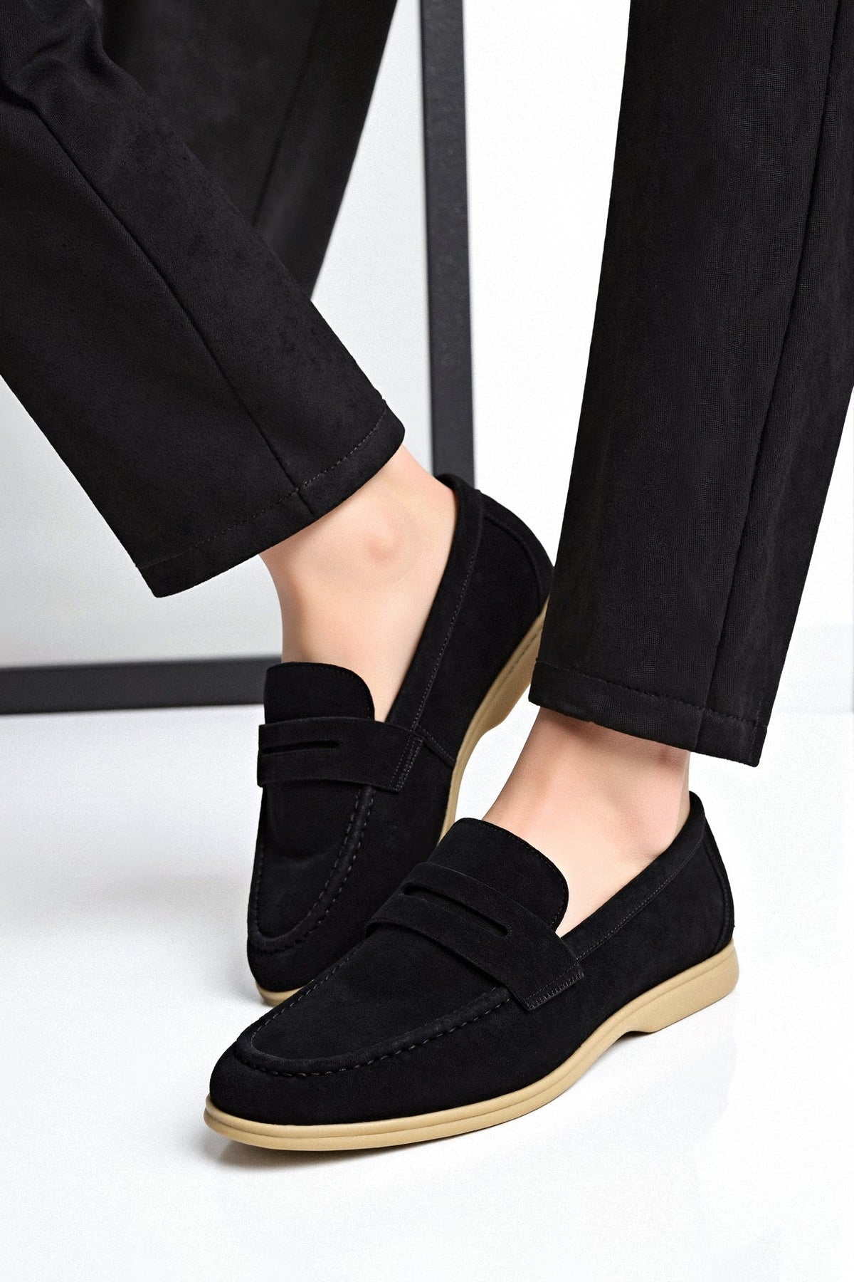 Men's slip-on loafers in synthetic suede with a front strap and low flat sole