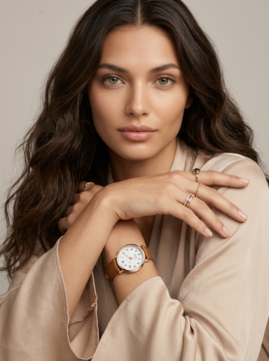 Montre à quartz boîtier rond bracelet cuir femme, cadran détaillé