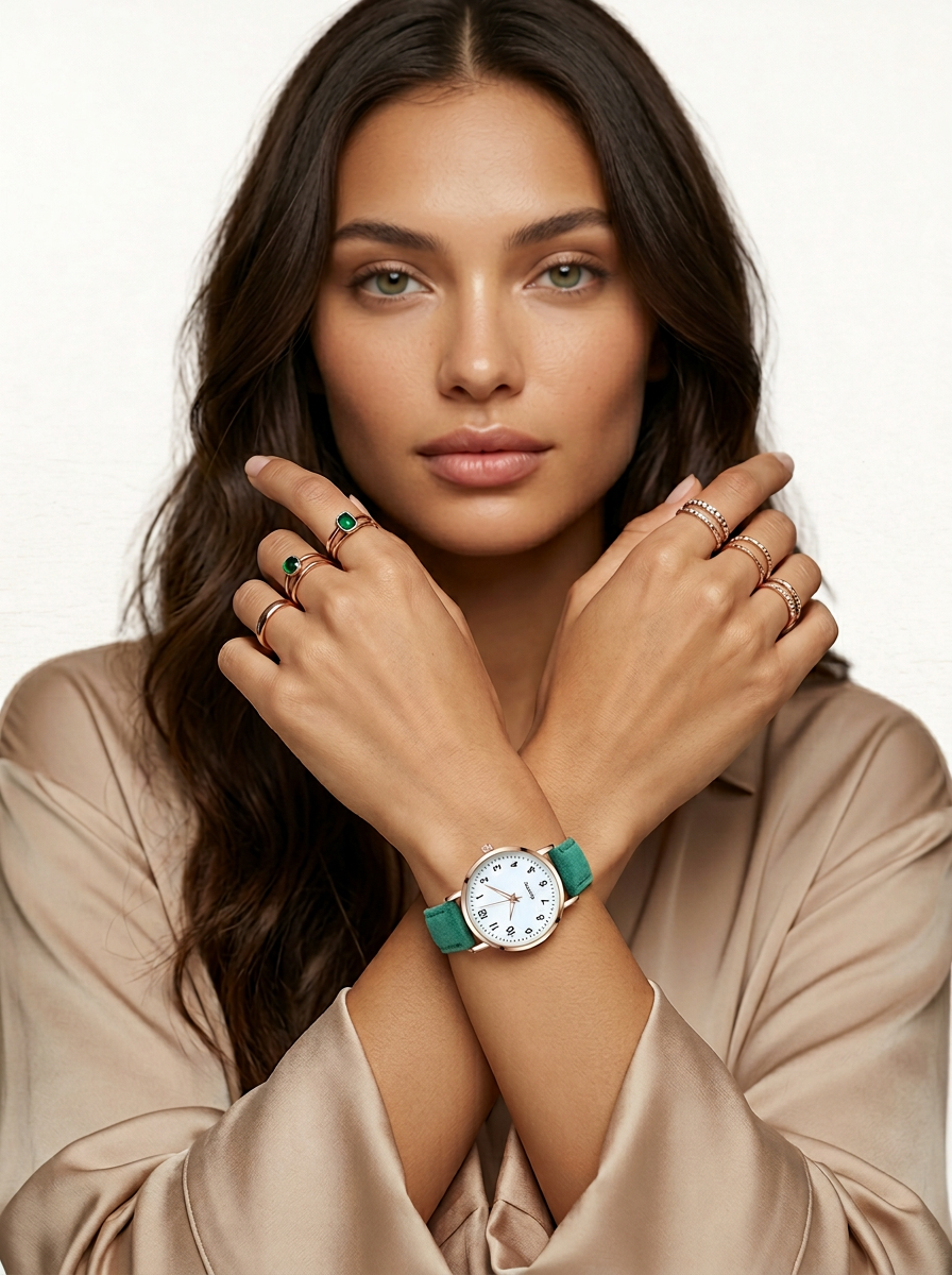 Montre à quartz boîtier rond bracelet cuir, angle trois quarts