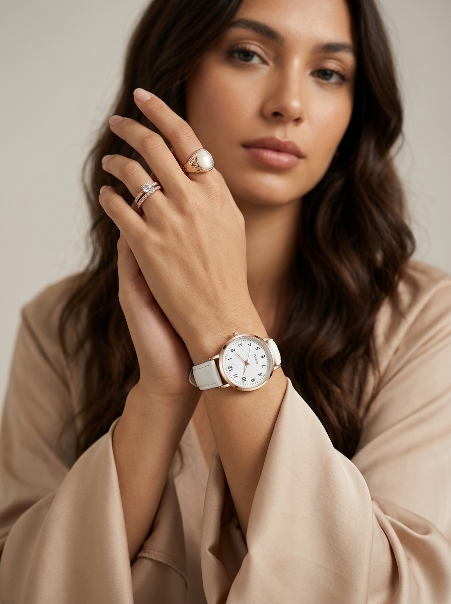 Montre à quartz boîtier rond bracelet cuir, vue du dessus