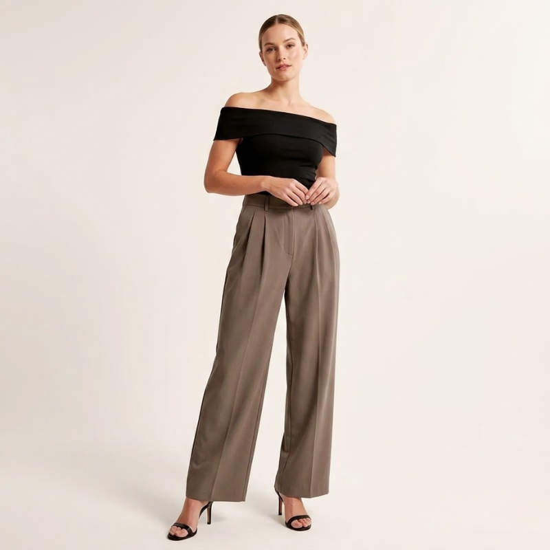 Pantalon tissu fluide taille haute jambes larges coupe droite femme