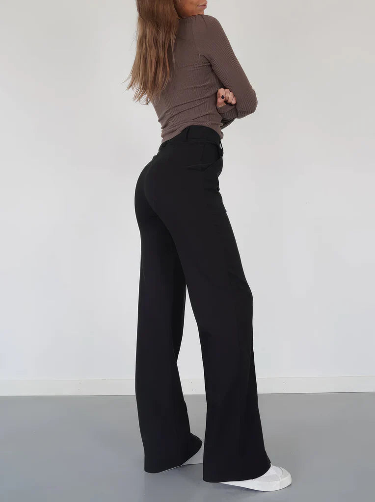 Pantalon taille haute coupe large, poches latérales, longueur cheville, femme