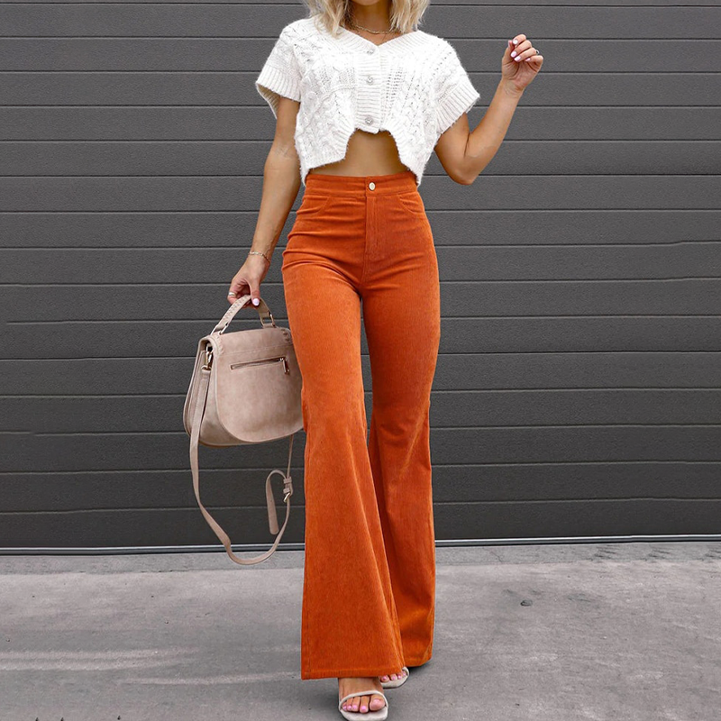 Pantalon évasé taille haute en velours côtelé pour femme, coupe rétro