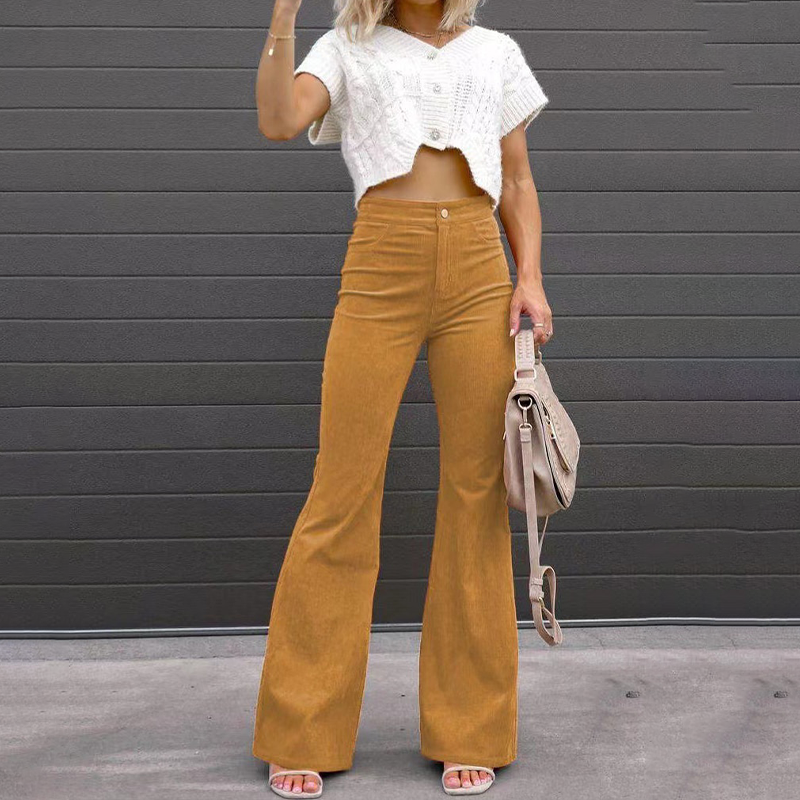 Pantalon évasé en velours côtelé à taille haute, bas de jambe évasé visible
