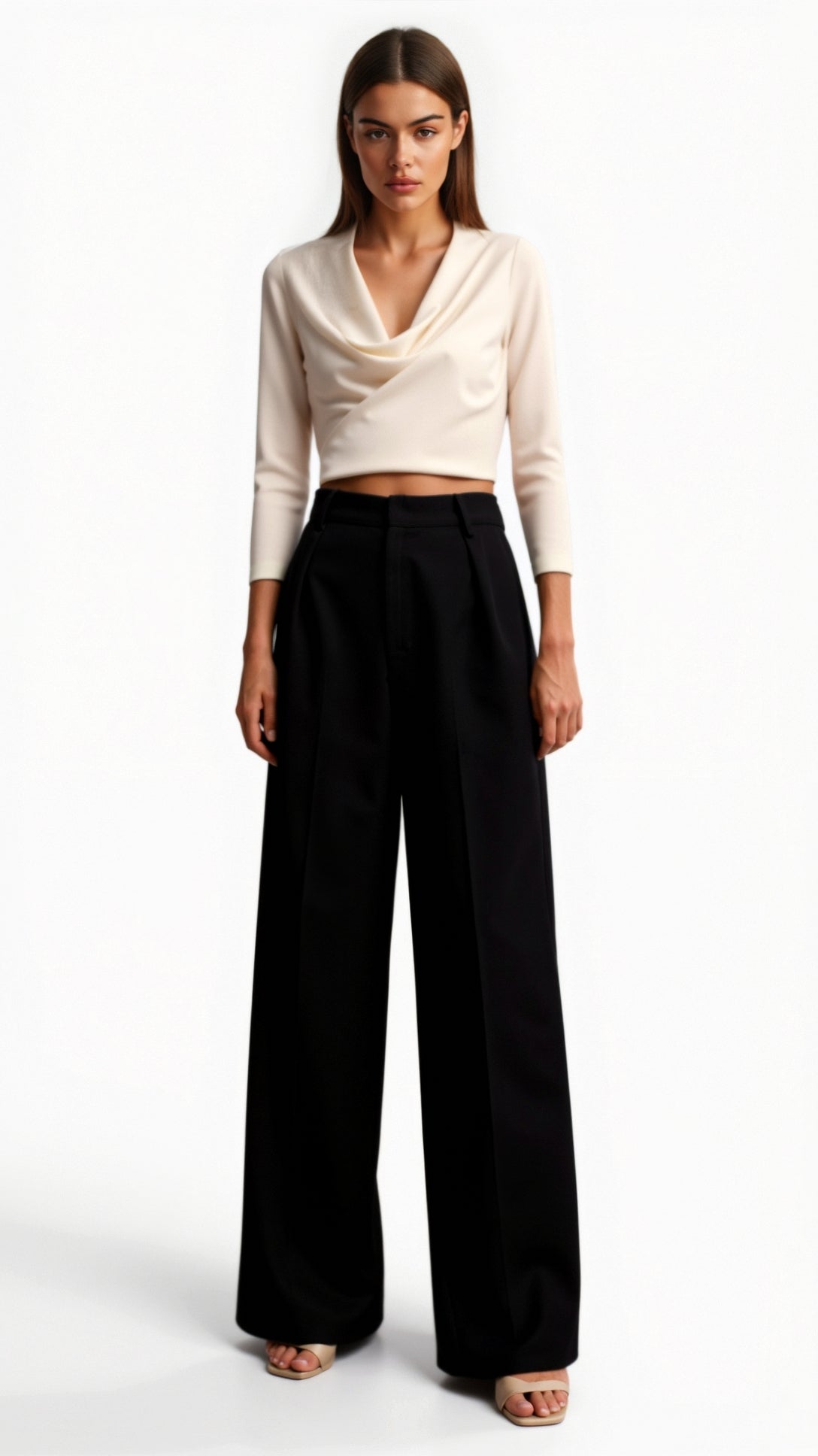 Pantalon tissé taille haute à jambes larges avec plis avant, porté debout, femme