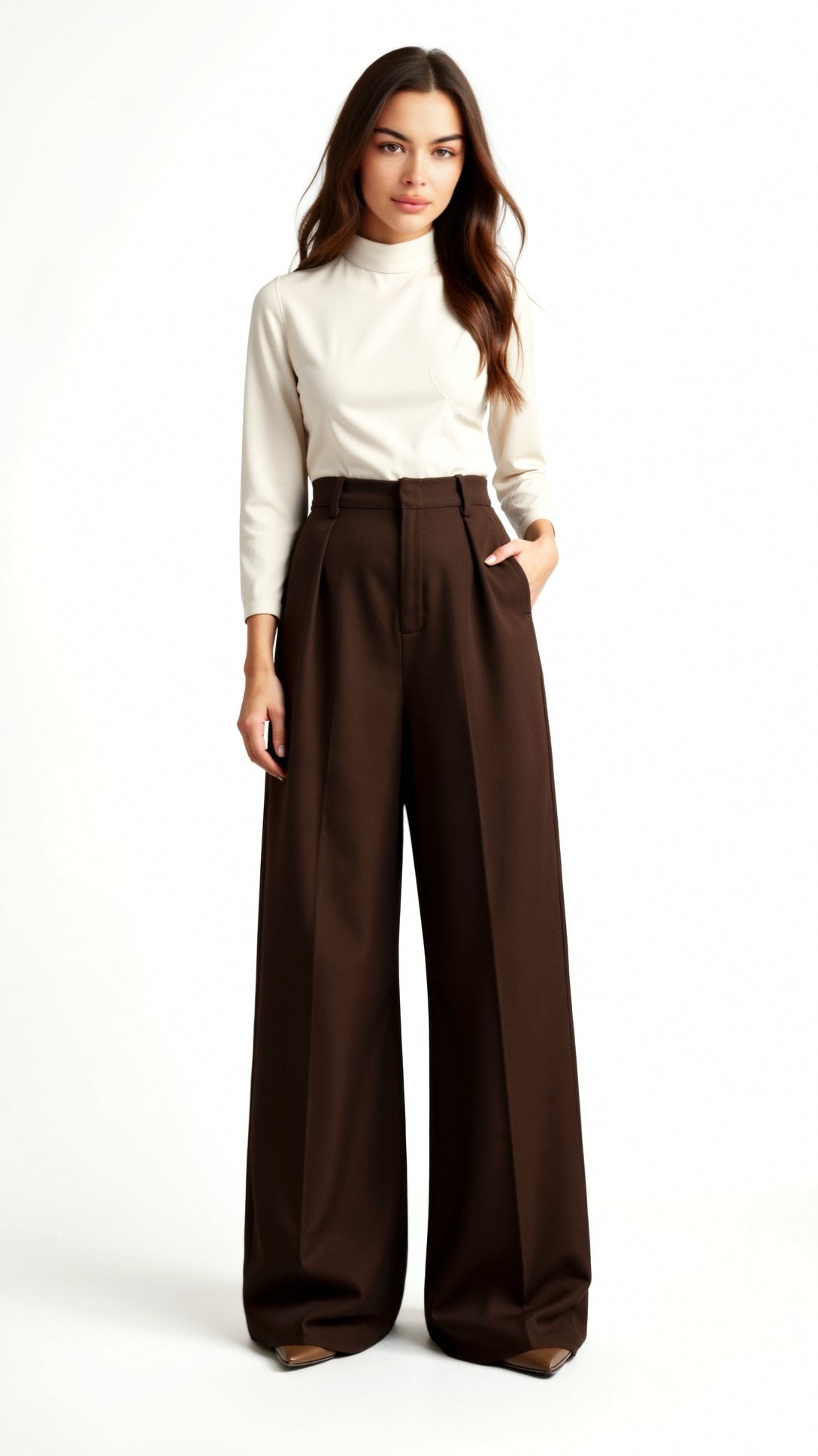 Pantalon taille haute à jambes larges avec plis avant, tissu fluide, vue latérale