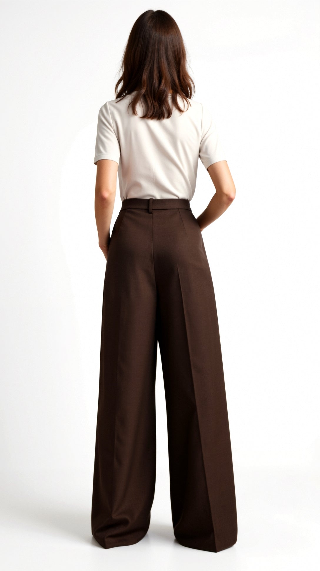 Pantalon tissé à jambes larges, taille haute, plis avant, détail ceinture et tombé