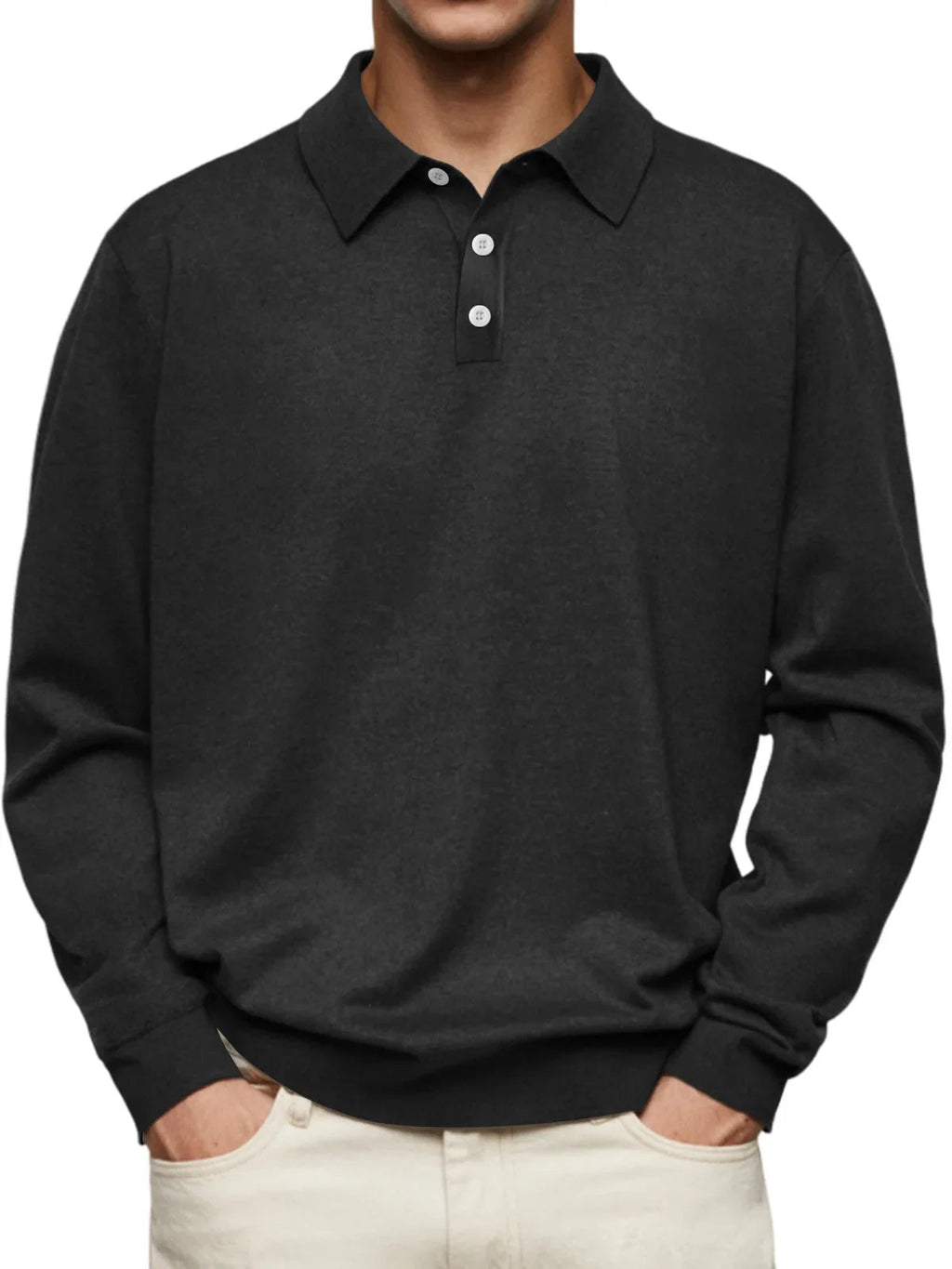 Polo en maille à manches longues, col polo boutonné, coupe droite pour homme