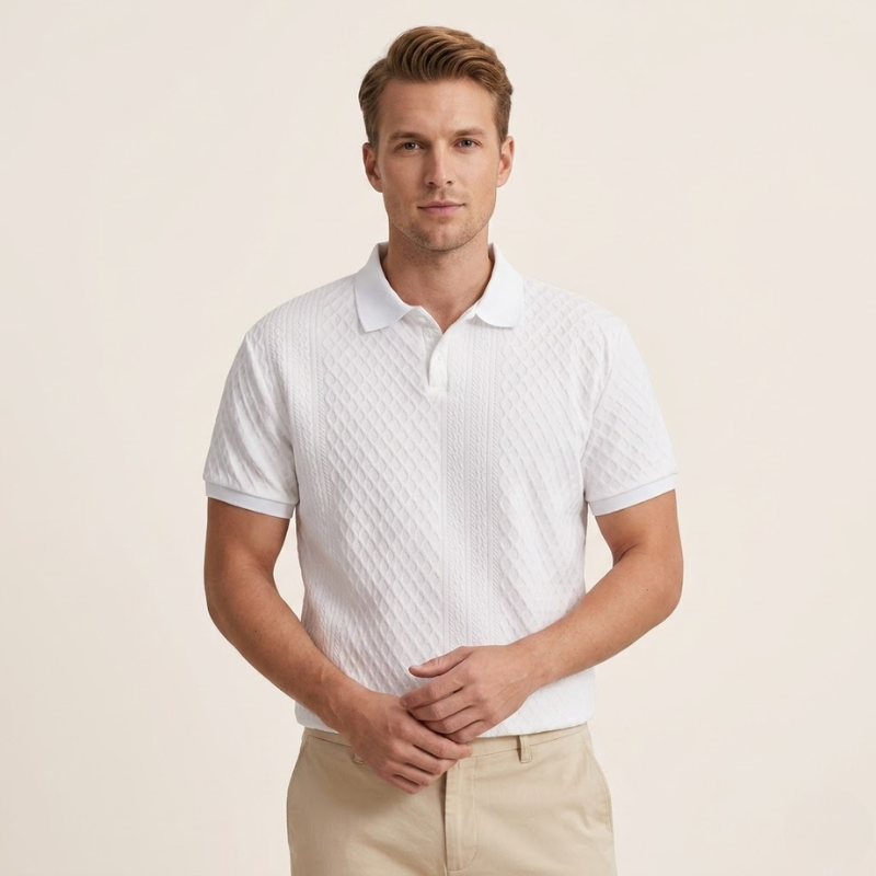 Polo en maille texturée à col classique, manches courtes, coupe régulière pour homme
