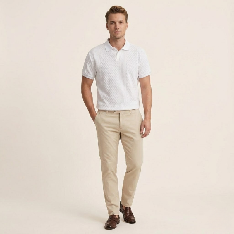 Polo homme en maille structurée, col polo boutonné, manches courtes, silhouette droite
