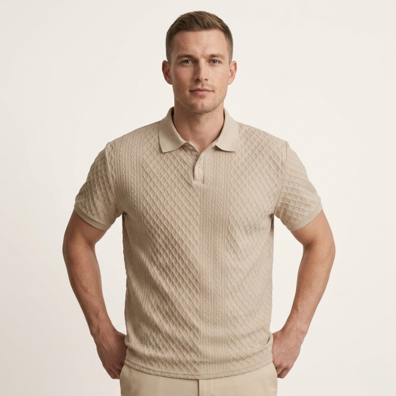 Polo homme coupe régulière, maille structurée, col polo, manches courtes, ourlet droit