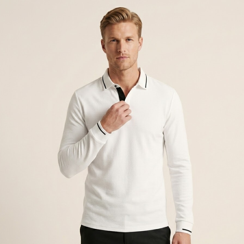 Polo tricot manches longues col boutonné finitions contrastées coupe droite homme