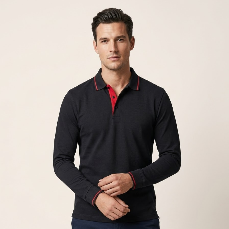 Polo manches longues coupe ajustée col polo boutonné détail poitrine homme