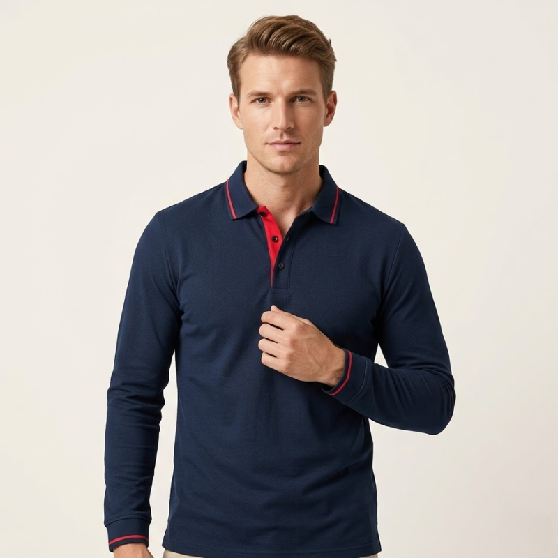 Polo tricot manches longues homme finitions bicolores vue trois quarts