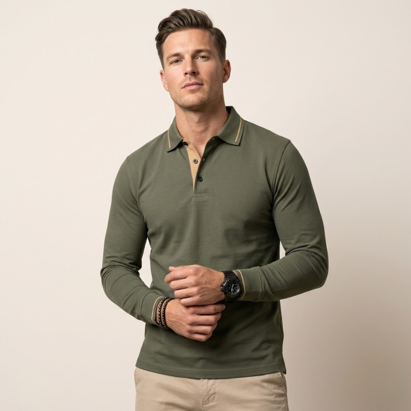 Polo homme manches longues col classique boutons détail bas de manche contrasté