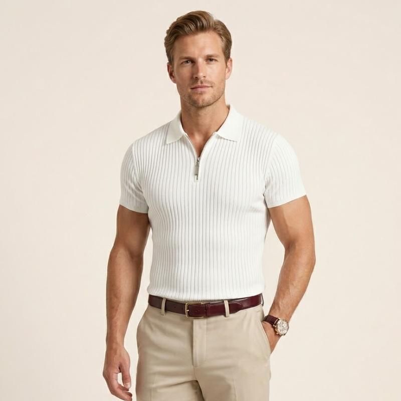 Polo en maille côtelée à col zippé pour homme, coupe droite, vue de face