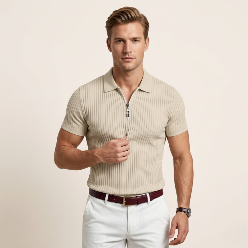 Polo en tricot côtelé à fermeture éclair, manches courtes, coupe ajustée
