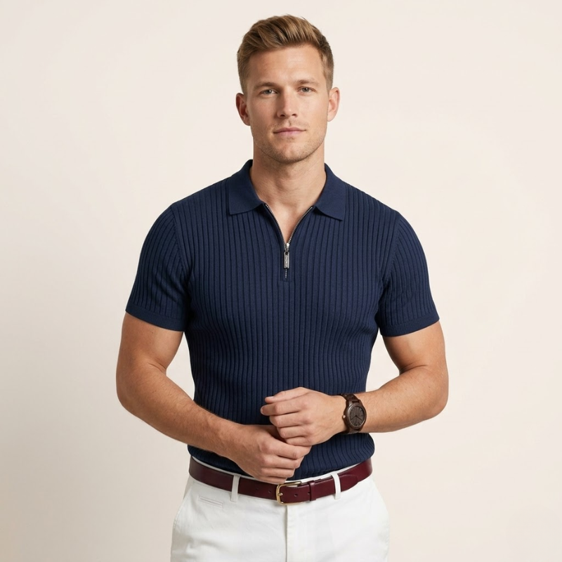 Polo homme en maille côtelée, col zippé, vue latérale sur mannequin