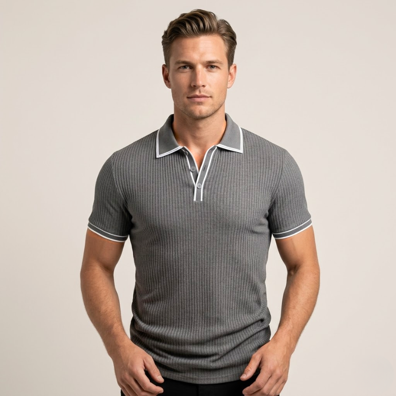 Polo en maille côtelée à col polo, coupe ajustée, finitions contrastées, homme