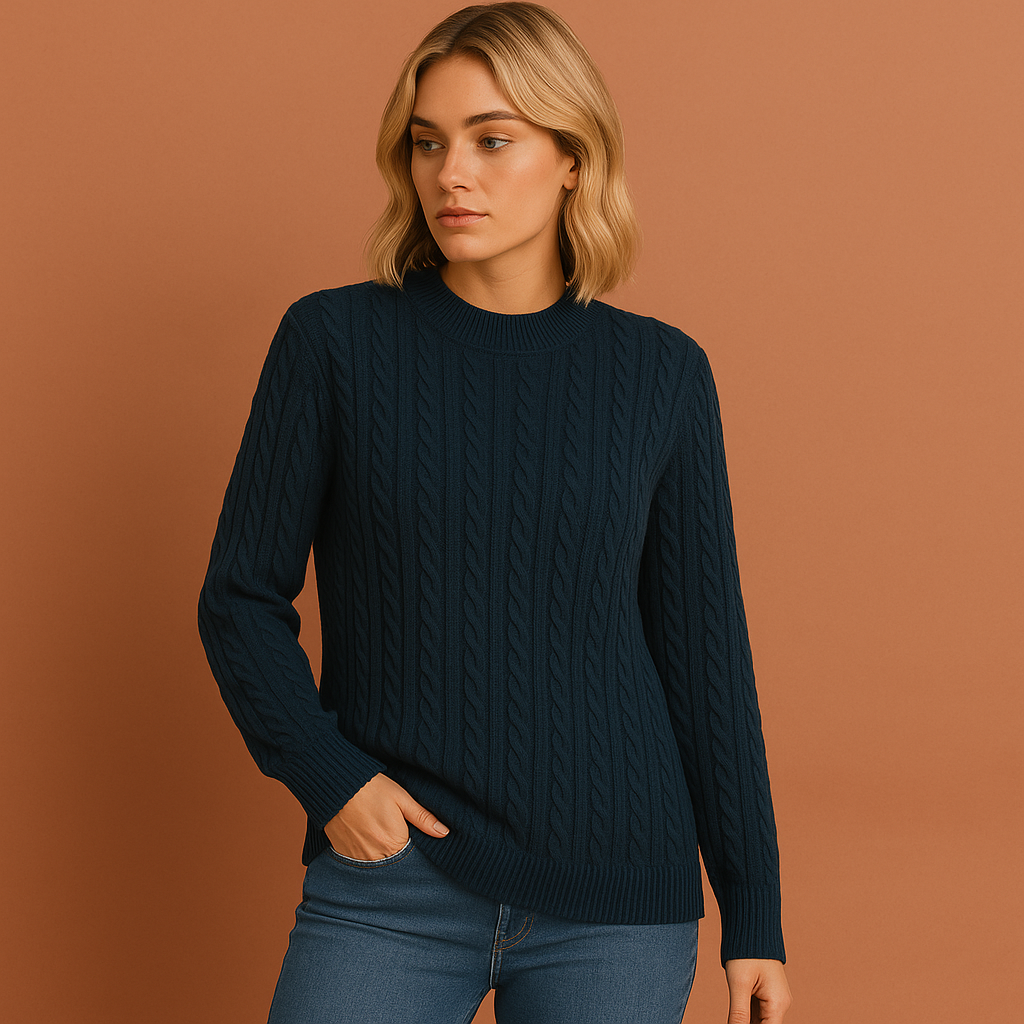 Pull en maille torsadée femme, détail col rond et encolure