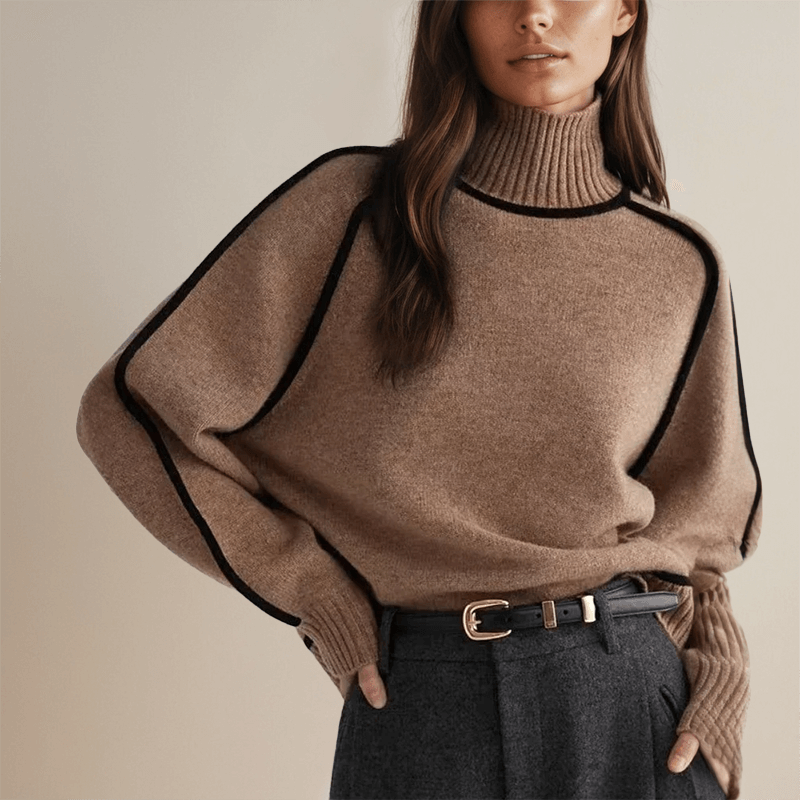 Pull oversize femme col roulé marron élégant