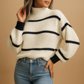 Pull rayé femme col roulé beige et noir