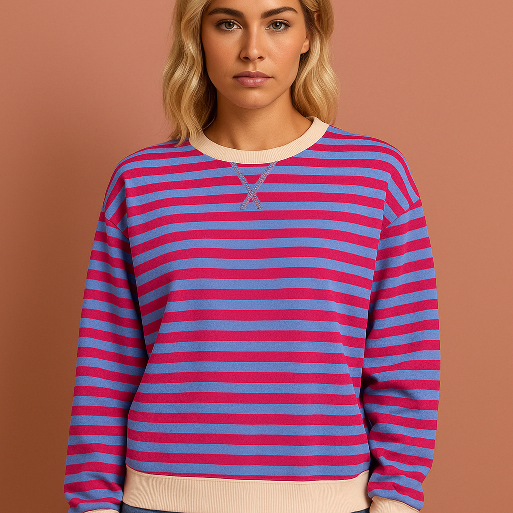 Sweat rayé à encolure ronde, finitions côtelées aux poignets, coupe oversize femme
