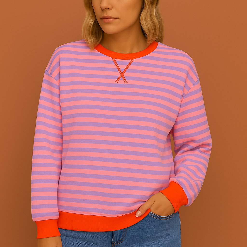 Pull rayé à col rond, tissu doux style maille, coupe décontractée et manches longues