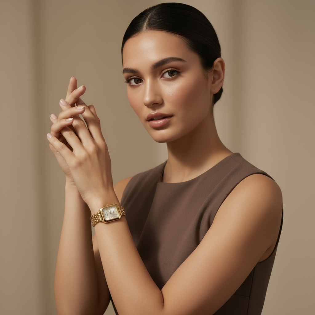 Woman wearing rectangular quartz metal bracelet watch