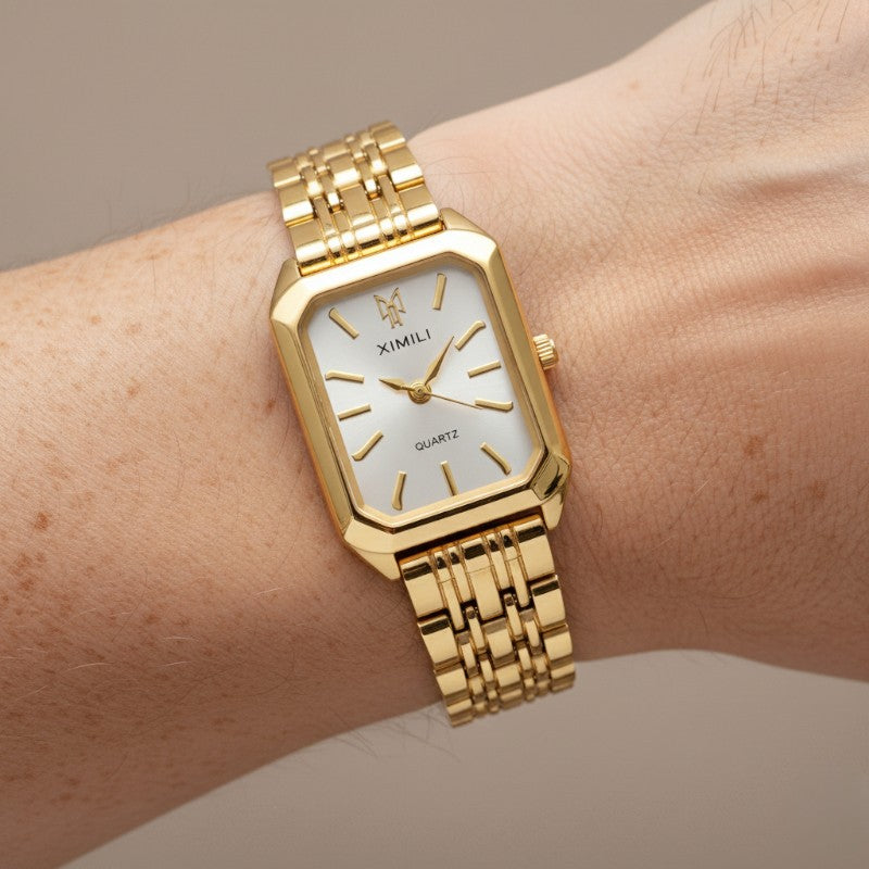 Rectangular quartz watch with polished metal link bracelet