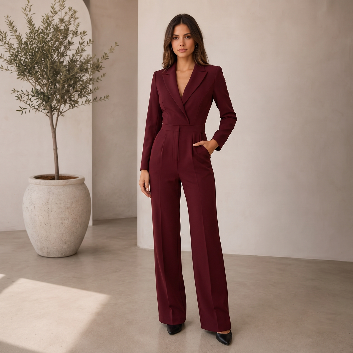 Women's woven long-sleeve jumpsuit with wide-leg silhouette and V-neck lapel