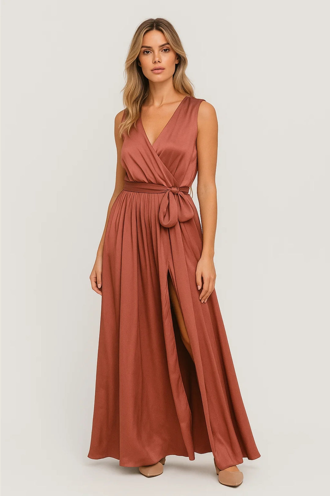 Robe longue fluide avec ceinture à nouer