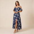 Robe longue portefeuille à épaules dénudées, imprimé floral, coupe fluide, femme