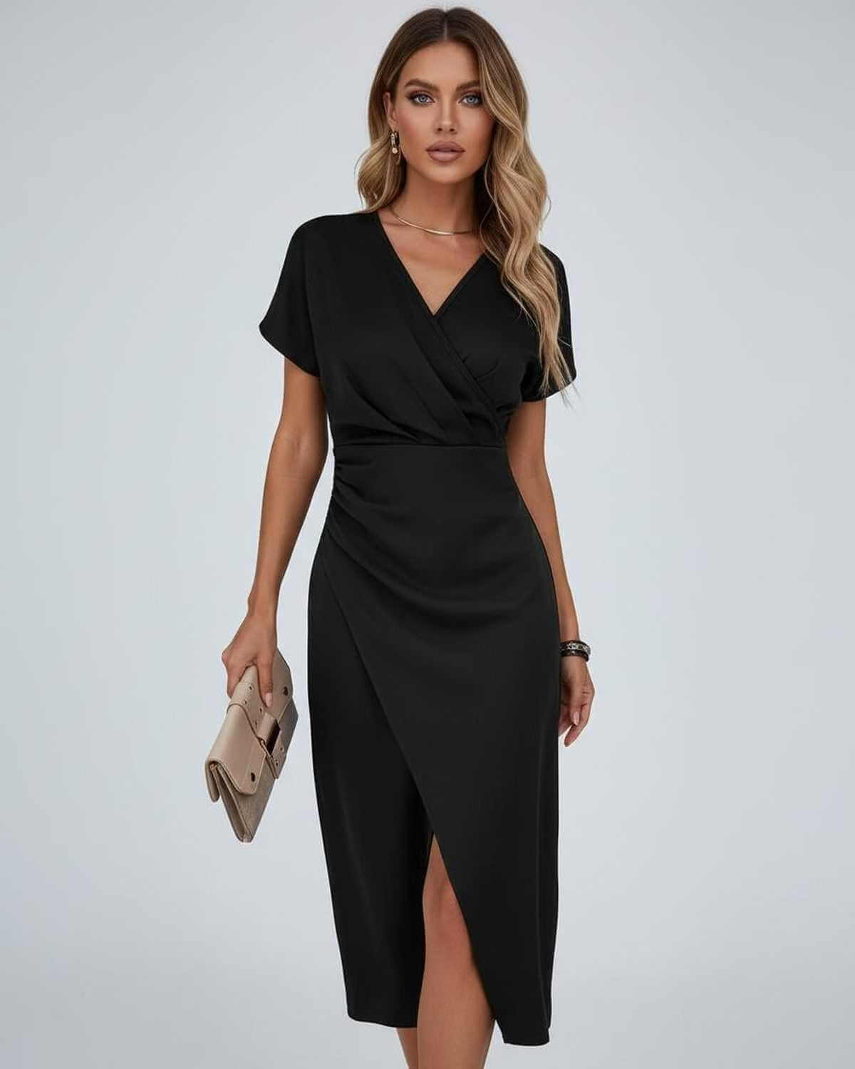 Robe midi cache-cœur col V, tissu léger, manches courtes et fente avant