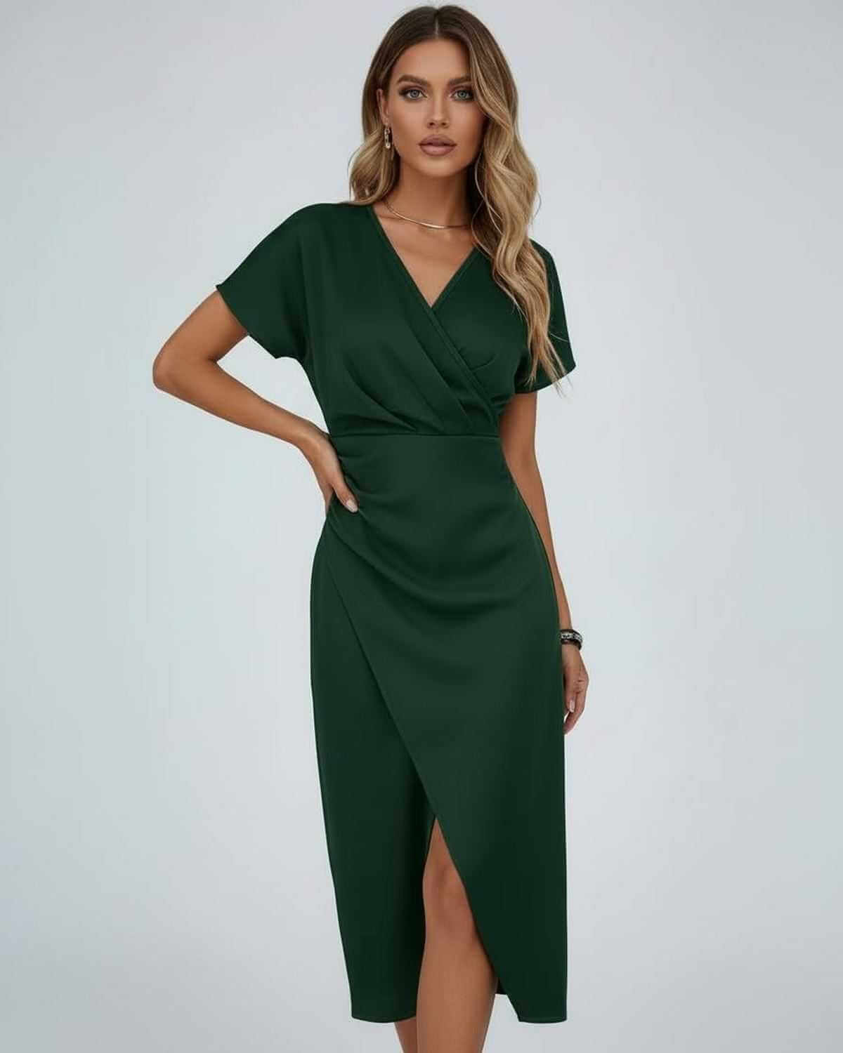 Robe midi portefeuille à col V, coupe ajustée, manches courtes et fente frontale