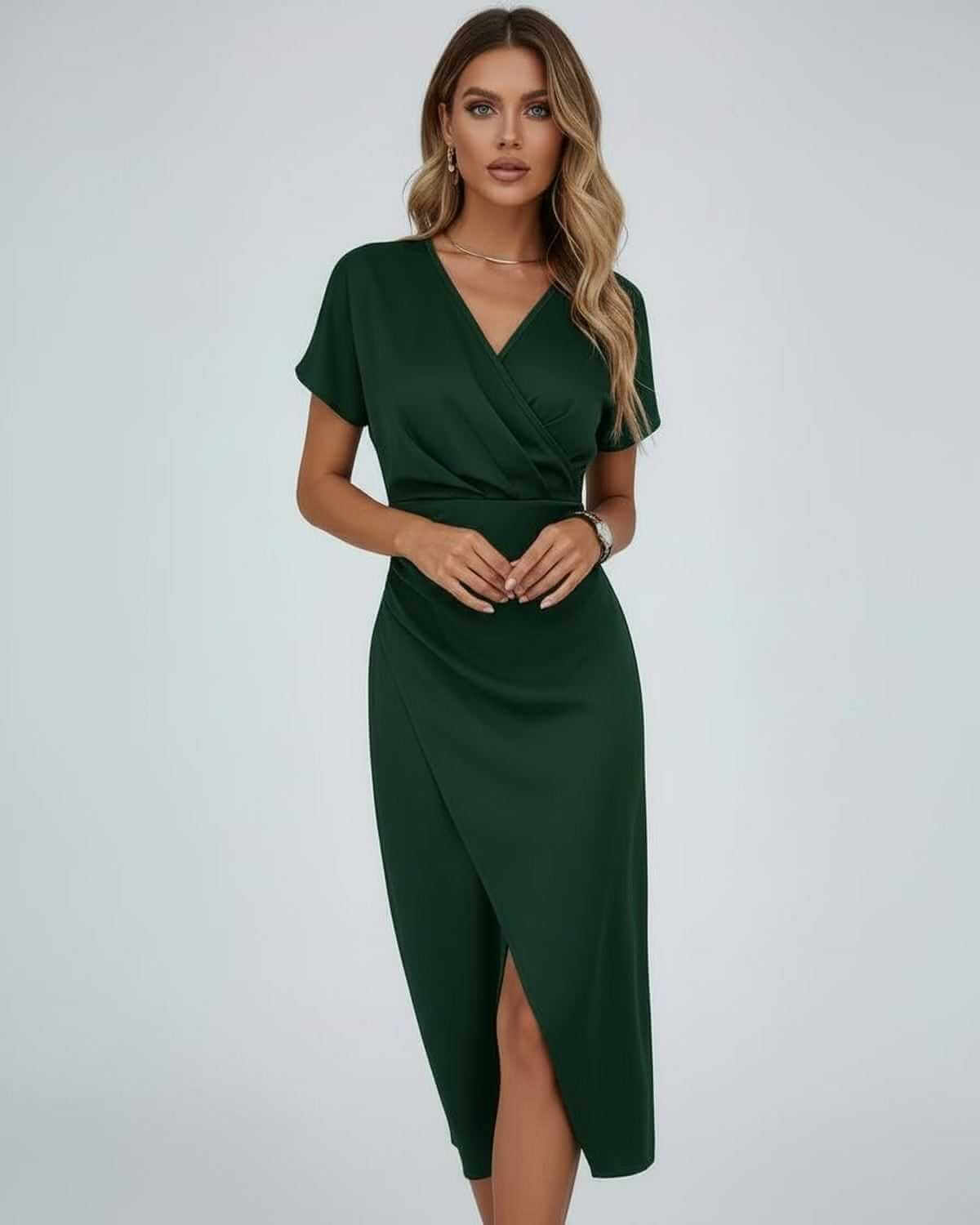 Robe midi drapée col V, manches courtes, fronces à la taille, fente avant