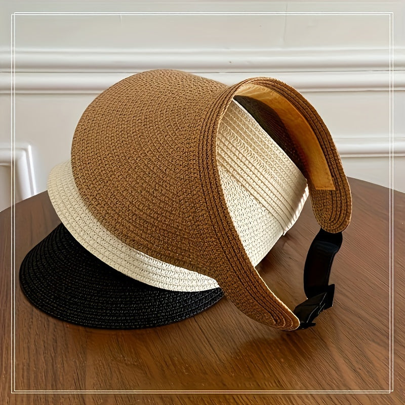 Women's sun visor with wide woven brim and open-top design, adjustable back closure